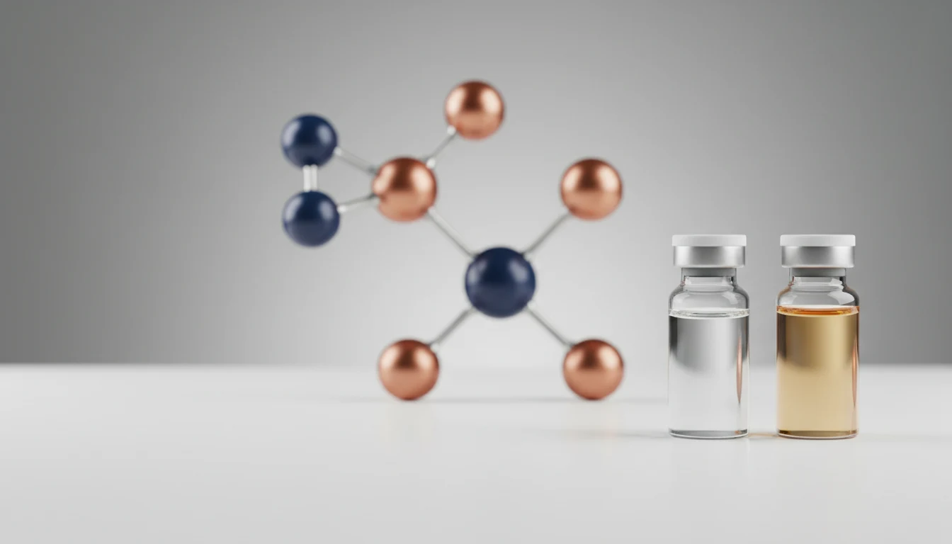 Dos viales de investigación sin etiqueta junto a un modelo molecular de dos ramificaciones en tonos navy y cobre, con luz suave sobre un fondo gris neutro.