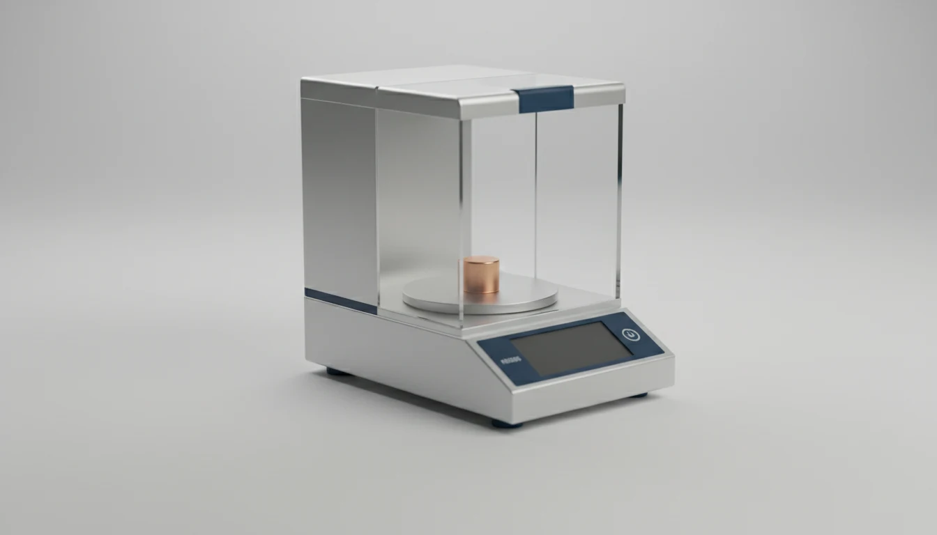 Una balanza analítica de precisión de laboratorio con una pequeña pesa de calibración de cobre sobre el plato, con luz suave sobre un fondo gris neutro.