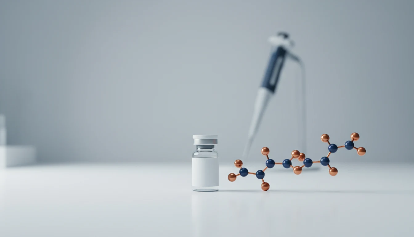 Un vial de investigación sellado sobre una mesada de laboratorio, junto a una pipeta y un modelo molecular de esferas y varillas, con luz suave sobre un fondo gris neutro.