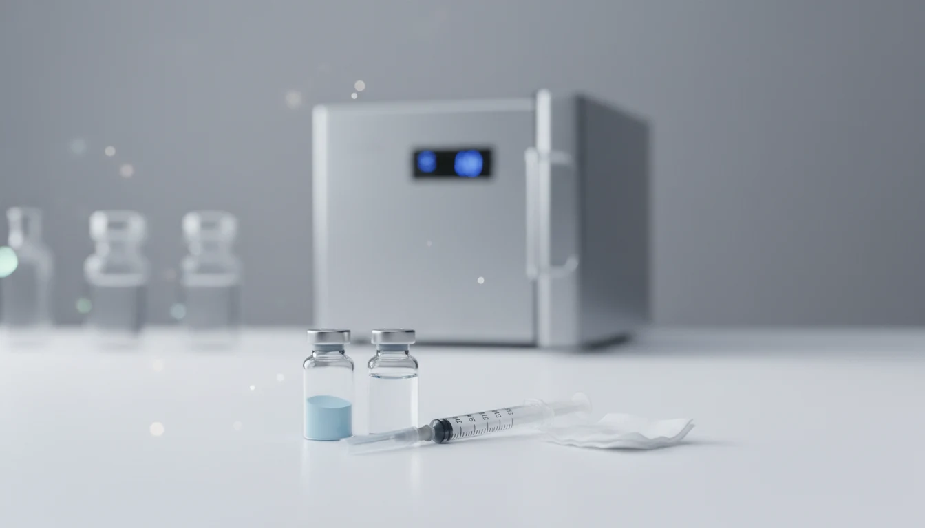 Dos viales de péptido, una jeringa y una toallita con alcohol en primer plano sobre una mesada de laboratorio, con una unidad refrigerante desenfocada de fondo.