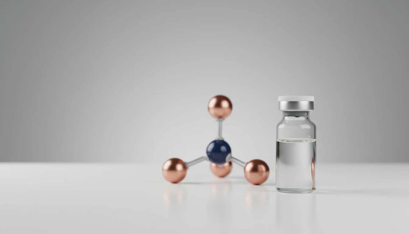 Un vial de investigación sin etiqueta junto a un modelo molecular de tres ramificaciones en tonos navy y cobre, con luz suave sobre un fondo gris neutro.